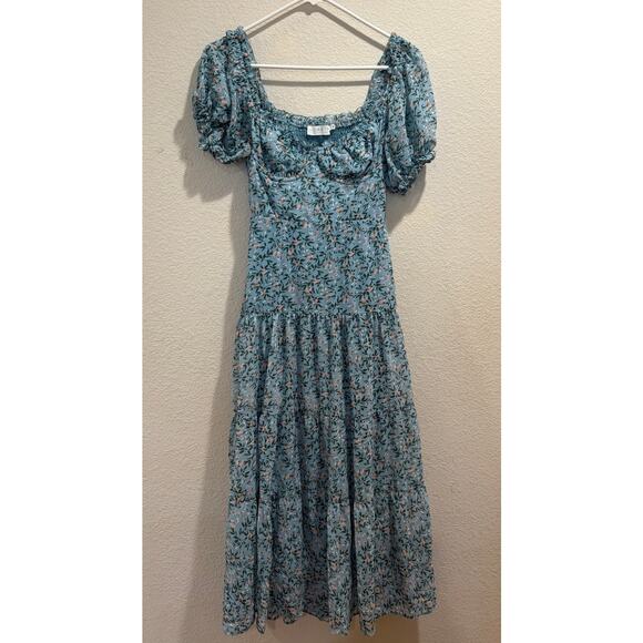 ASTR The Label Blue Pink Floral Sweetheart Neck Smocked Midi Dress Size S - Picture 1 of 6
